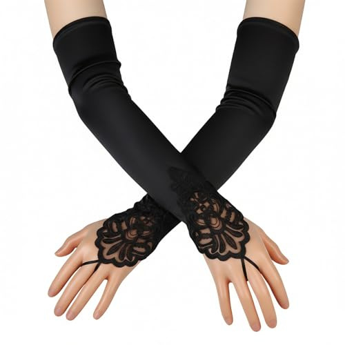 Bvxchg Lange Spitze Opernhandschuhe Damen, 1920 Lange Elastischer Handschuhe, Fingerlose Retro Satin Handschuhe, Spitze Handschuhe für Hochzeit, Party (Schwarz)