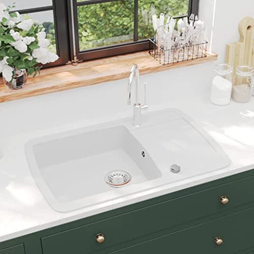 Fregadero De Cocina De Granito con Cubeta Profunda, 80% Cuarzo y 20% Resina, Diseño Reversible y Resistente, kitchen sink, Fregadero Bajo Encimera, Blanco, 780x500x310 mm