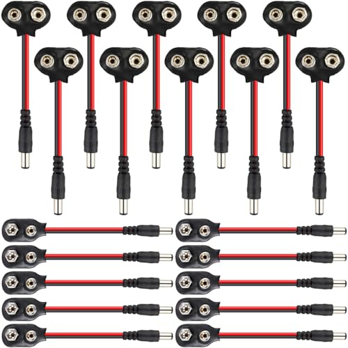 HAAMNING7 9v Battery Connector to DC Plug Cable, I-Type & T-Type 9 Volt Battery Clip with 5.5 x 2.1mm DC Male Plug Power Cord for Arduino, LED Strip (20 Pack)