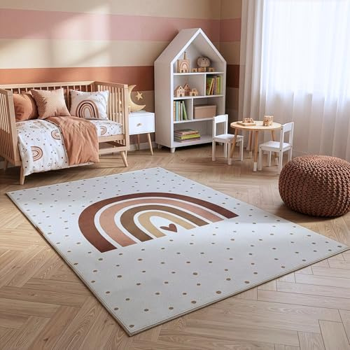 HomebyHome Kinderteppich Regenbogen Spielteppich für Kinderzimmer in Creme mit Herz Motiv Größe 120x170 cm ideal als Spielteppich