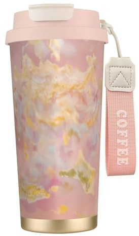 Artypop Marble Color Rose Gold Print 16 Oz(500ml) Tumbler Stainless Steel Insulated Travel Mug with Leakproof Lid and Straw,Double Walled Vacuum Coffee Cups for Hot and Cold Drinks