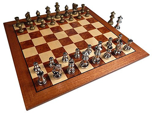 Hayes Inlaid Maple, Mahogany, and Sapele Wood Chess Board with Metal Pieces, 2.5 Inch King, and Extra Queens (Large 15 x 15 Inch Set)