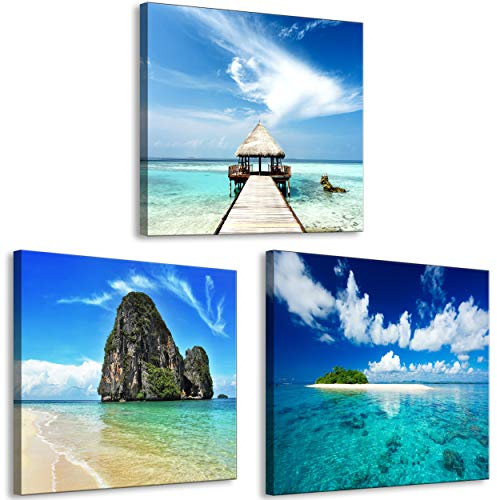 decomonkey Bilder Set Strand Meer 180x60 cm 3 Teilig Wandbild Groß Leinwandbild XXL Deko Wohnzimmer Schlafzimmer Büro Wanddeko Leinwand Pictures For Wall Poster Painting Insel Landschaft Tropische