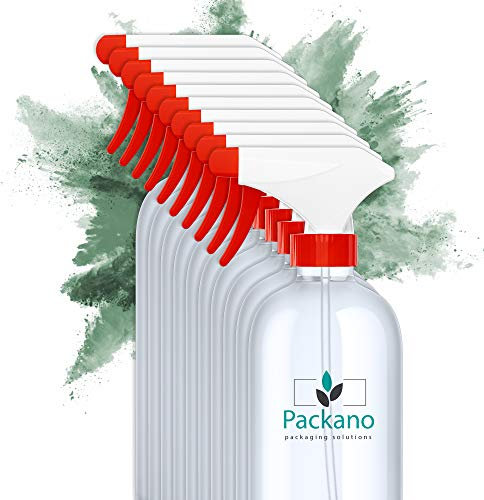 Martenbrown Packano® 10stk. x leere 1000ml PET Sprühflaschen mit rot-weißem Sprühkopf I Geeignet auch für Reinigungsmittel I Klarer Leersprüher ohne label I Besitzt eine Zerstäuber- und Stop-funktion