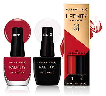 Max Factor Hollywood Duo Set, 3PC Set, Nailfinity Red Carpect Ready 310, Nailfinity The Finale Gel Top Coat 100, Long Lasting Two Step Lipstock So Glamorous 125