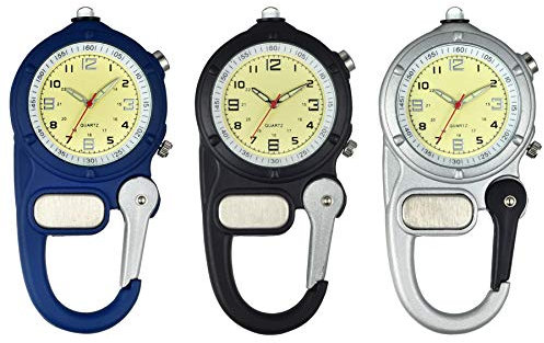Silverora 3PCS Karabiner Taschenuhr Männer Frauen Clip-on Uhr LED-Notfall-licht Leuchten Quarzuhr Rucksack Schlüsselanhänger Tasche Gürtel Schwesternuhr Sport Outdoor-Aktivitäten