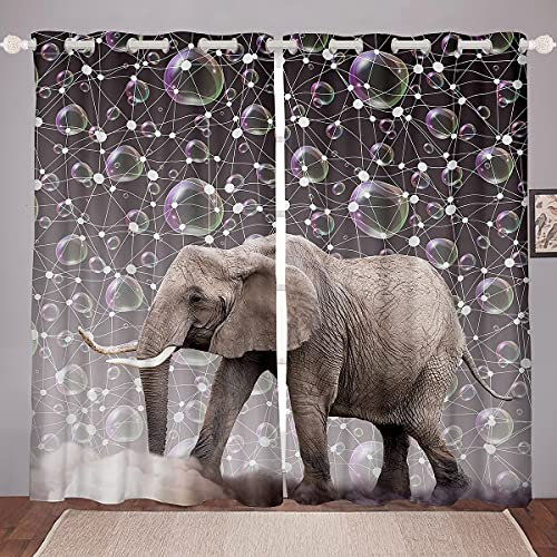 richhome Elefant Fenstervorhang 175x140cm, Afrikanische Savanne Wild Animal Fancy Bubble Vorhänge für Kinder Mädchen Gedrucktes, Gardine 2er-Set Fenster Vorhänge,Grau