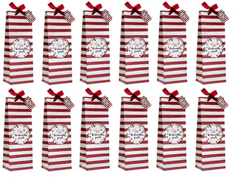 Flaschentüte in rot weiß - 12er Set - mit Namenskarte und breitem Trageband - Geschenktasche Weihnachten Nikolaus für Wein Sekt Punsch