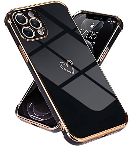 Lafunda Compatible con iPhone 12 Pro Funda Love Corazón Funda para Mujeres Suave Silicona Delgada con Protector Cámara Dorada Chapado Marco Parachoques para iPhone 12 Pro Negro