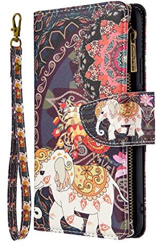 For iPhone SE 2022 Case, iPhone SE 2020 Cover, iPhone 7/8 Cases Case Zipper Pocket Phone Case for Girls Women Men with Card Holder Stand Leather Flip Folio Wallet Cover Shockproof, Totem Elephant