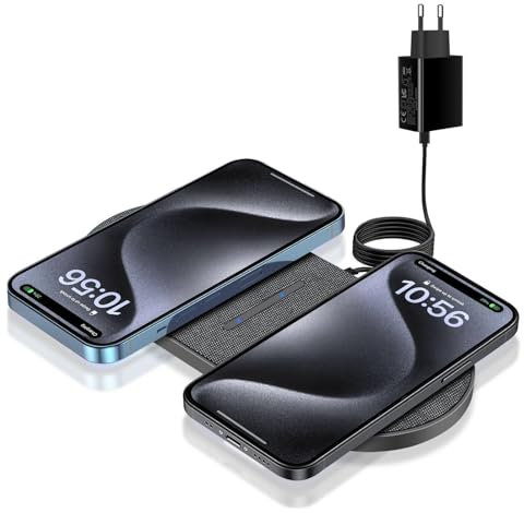 FDGAO Chargeur à Induction Double 20W Chargeur sans Fil 2 en 1 avec Adaptateur pour iPhone 16/15/14 Pro/13/12/11/XS Max/XR/8;Samsung Galaxy S24/S23/S22/S21/S20, Note20/10/9, AirPods,Galaxy Buds etc