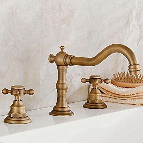 ZAKSEM Grifo Grifos de Lavabo Grifo de baño Antiguo Bronce Grifos de Agua de 3 Orificios Manijas para Muebles Soporte Doble Lavabo Fregadero Grúa,Antiguo,Antiguo