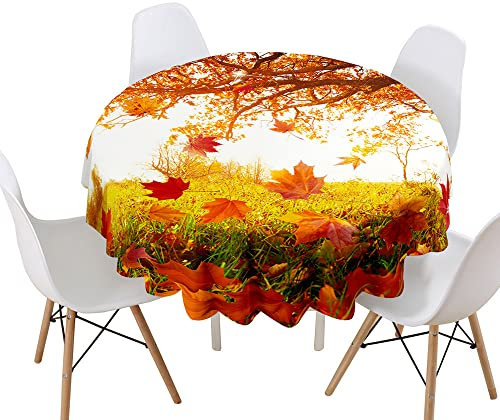 Morbuy Rund Tischdecke, Blätter Drucken Rund Tischdecken Wasserdicht Lotuseffekt Abwischbar Abwaschbar Tischtuch für Dekoration Küchentisch Garten Outdoor (Durchmesser 160cm,Herbst)