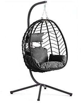 CONCEPT USINE | Fauteuil Suspendu Noir en Résine Tressée | Rotin Naturel | Design Lima | Structure en Acier | Coussin Déhoussable | Revêtement en Poudre | Hamac Assis | Waterproof, Résistant