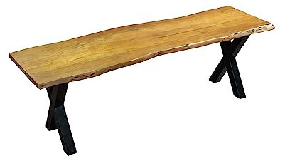 SAM Esszimmerbank 180x42 cm Quintus, Akazienholz massiv & nussbaumfarben, echte Baumkante, Baumkantenbank mit X-Gestell Schwarz, Sitzbank mit 26 mm Platte