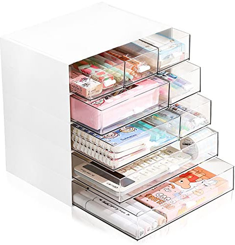 Lighterday Desktop Drawers,Plastic Storage Drawers Stackable Storage Boxes,Desk Organiser Drawers for Desk Storage Makeup Storage Bathroom Storage Office Storage Home Storage (9 Drawers & White), xl