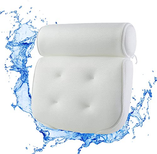 Bath Pillow,3D Air Mesh Bath Pillow for Head And Neck,Bath Cushion with 6 Non Slip Suction Cups,Soft And Comfortable Bath Cushion for Head And Neck,Bathtub Pillow(White),36x35x8 cm