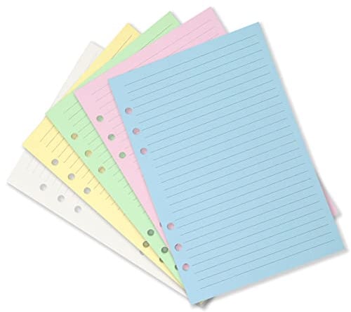 Lot de 50 feuilles A5 colorées à 6 trous lignées pour classeur de taille personnelle, papier de remplissage de feuilles volantes 5 couleurs, ligné (21,6 x 14 cm)