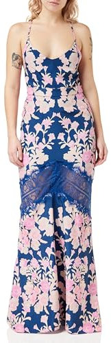 Hope & Ivy Women's The Svetlana Cross Over Tie Back Fish Tail Maxi Dress with Lace Trim Special Occasion, Blue and Pink, 14