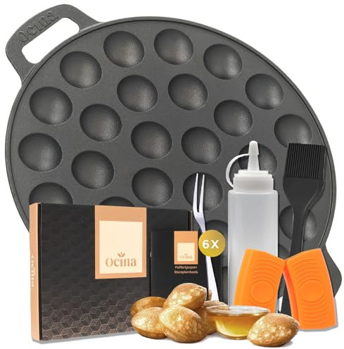 Ocina Poffertjespan – Kombipack – 30 Poffertjes – PoffertjesmakerGusseisenpfanne – Inklusive Dosierflasche, Griffe, 6 Poffertjesgabeln und Einfettpinsel (30 Loch Set)