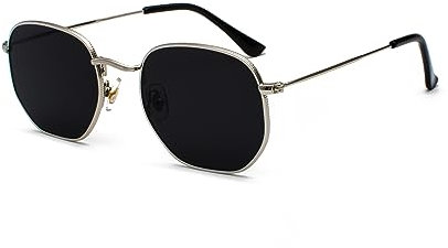 WDZAYXC Mode polygonale Sonnenbrille für Damen und Herren,Leicht Metallrahmen Brille,UV400 Schutz(Silber/Grau)