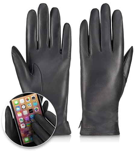 BETLEWSKI - Damen Handschuhe aus Schafsleder gefüttert - Warme Winter Lederhandschuhe für Damen in Schwarz mit Wollfutter - Winterhandschuhe für Touchscreens - Modell Sophia iTouch - L