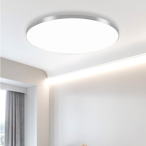 Mengjay LED Deckenleuchte Dimmbar,30W Deckenlampe Flach Rund,3000K/4000K/6000K 3Farben LED Lampen Deckenlampen,IP44 Wasserfest Badezimmer Lampe Küchenlampen,Modern Ultraslim Led Panel (Silber, 30W)