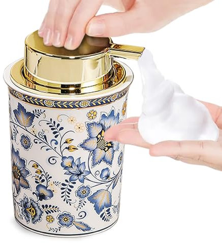 Floral Decorative Foam Soap Dispenser, Vintage Ceramic Hand Soap Pump, Nature Inspired Bathroom Countertop Decor (Style E)