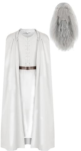 Seaehey Gandalf Cosplay Kostüm Weiß Umhang mit Kapuze Zauberer Robe Lang Tunika Oberteile und Gürtel Set Gandalf Weiß Kostüm Mittelalter Mönch Umhang für Halloween