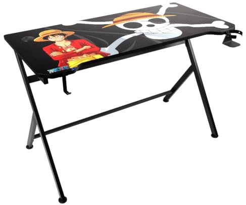 Konix One Piece Bureau Gaming 121 x 69 x 76 cm en Forme de Y - Plateau de Table en Bois et métal - Porte-gobelet - Support Casque - Motif Luffy