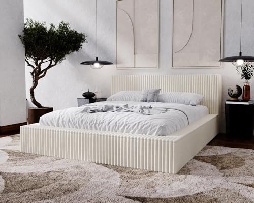 Emporius Doppelbett 140x200 Buffy - Polsterbett mit Dicker Schaum, Lattenrost, Bettkasten - Schlafzimmerbett 140x200, Design Bett (Beige - Vito 23)