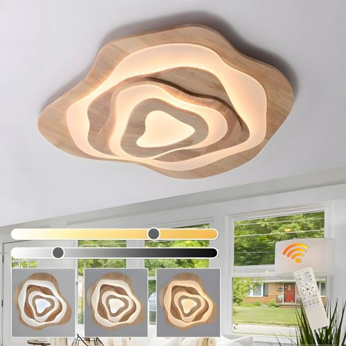 WayLuoung LED-Deckenleuchte Aus Holz | Ø80cm 65W 5500lm | 3000K-6000K Dimmbar Mit Fernbedienung, Moderne Wolkenlampe Aus Natürlichem Holz + Acryl, Wohnzimmer, Kinderzimmer, Küche, Esszimmer, Heimbüro