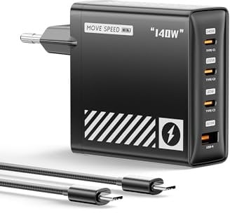 MOVE SPEED 140W USB C GaN Ladegerät PD 3.1 4-Port Power Adapter Kompatibel mit MacBook Pro 16, iPhone 16 Pro Max, iPad, Galaxy S24/S23+/S22 Ultra usw – inkl. 240W Schnellladekabel