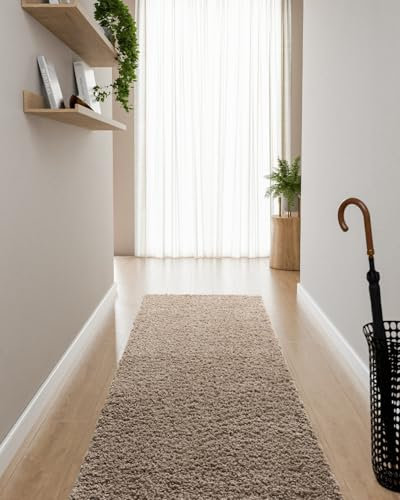 Interiyou Hochflor Teppich Sofia - 70x200 cm Beige - flauschig und einfarbig - waschbar und rutschfest - weicher Langflor