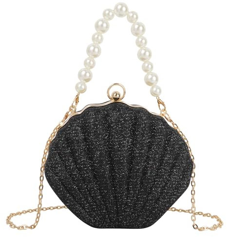 MilyaDE Damen Glitzer Muschel Clutch Acrylic Paillette Geldbörse Schultertasche Umhängetaschen Handtasche mit Perlen Metal Ketten 19,5 * 6 * 16,5cm, Schwarz