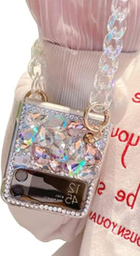 Szakdws Coque de protection pour Samsung Galaxy Z Flip 6 5G avec chaîne, strass en cristal 3D, rose, avec dragonne, protection anti-chute, en TPU