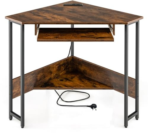 SFAREST Corner Computer Desk, Space-Saving Laptop PC Table with Charging Station & Storage Shelf, 90° Triangle Study Desk Wooden Writing Gaming Workstation for Home Office (Brown, with Keyboard Tray)