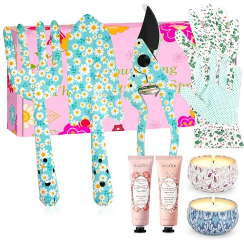 Gardening Gifts For Women, Garden Tools Set Floral Print Fork Trowel Set, Birthday Gift For Women Friends Mum, Gifts for Mothers Day Christmas, With Candles, Hand Creams, Gloves (Blue)