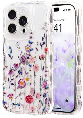 Micoden Cute Curly Wave Case for iPhone 16 Pro,Clear with Anti-Yellowing Flower Floral,Soft TPU Slim Bumper Shockproof Anti-Scratch Protective Wavy Cover for Girls Women-Colorful