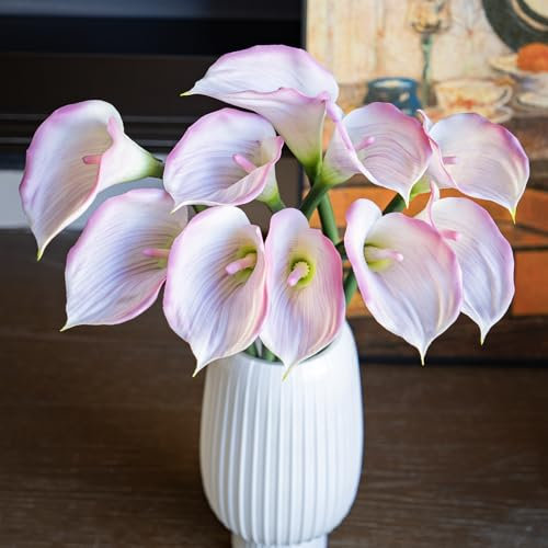 Duyone, künstliche Calla-Lilien aus Latex – 65 cm großes Bouquet mit 5 weichen Stielen in Naturoptik – für Zuhause, Wohnzimmer, Schlafzimmer, Esstisch, Büro, Hochzeit, Party oder Gartendeko (rosa)