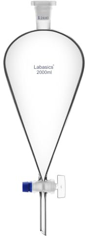 Labasics Embudo de Separación Cónico de Vidrio de Borosilicato de 2000 ml con Llave de Vidrio, Ideal para la Separación de Líquidos en Laboratorios