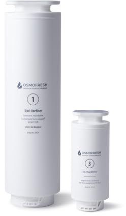 OsmoFresh Filterset Flow800 – 3in1 Mineralisierungsnachfilter | Ersatzfilter # 1 & 3 | Membranschutz | ScaleShield | Aktivkohlenachfilter | Frischer Geschmack | pH ca. 7 | Mineralisiertes Osmosewasser