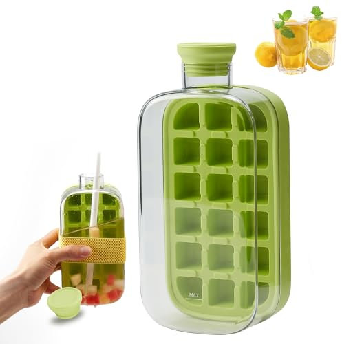 Ice Cube Bottle with Straw, 2 In1 Touch-Free Ice Cube Tray and Water Bottle, 2025 New One Touch Ice Release & No Need to Touch Easy to Carry, for Juice, Coffee and Other Beverages (Green)