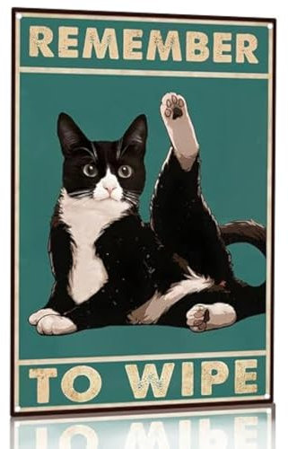 Funny Cat Bathroom Decor Sign, Remember to Wipe Metal Wall Art Sign, Vintage Tin Metal Signs Poster, Humorous Cat Wall Decor for Bathroom Wall Art Accessories Gifts 12X8 Inches