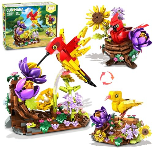 CUBIMANA 3-in-1 Vogelnest-Bauspielzeug – Blumen Vogelhaus Kardinal Kolibri Kanarienvogel Bausteine-Set Zuhause Büro Kunstdekor Tiervögel Ausstellung Erwachsene ab 12 (646 Teile)