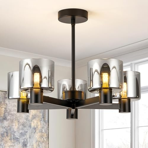 HARPER LIVING Modern 5 Lights Chandeliers Ceiling Light, Semi Flush Ceiling Lamp with Smoked Glass Shades, Matt Black Finish, 5xG9 Ceiling Lighting for Living Room Bedroom Dining Room Hallway