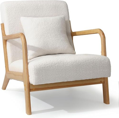 YODOLLA Sessel Akzentstühle Cocktailsessel für Wohnzimmer, Moderner loungesessel Lesesessel mit Holzarmlehne Armchair Accent Chairs, 65x75x70cm (Teddy Weiß)