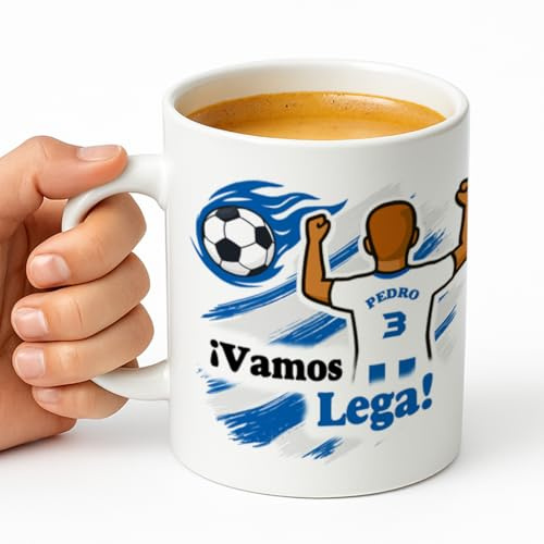 Taza personalizada con nombre y dorsal para aficionados al fútbol, regalo original para niños y adultos, personalización para chica o chico, 350 ml (Leganes, Chico)