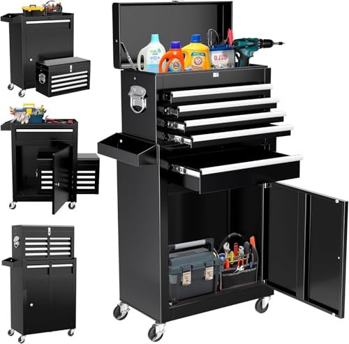 PortoAlegre Rollwagen Werkzeugschrank, 5-Schubladen Werkzeugwagen mit Abnehmbarem Metall Werkzeugschränke, verstellbarer Einlegeboden,Verriegelungssystem, Schutzeinlage Werkzeugwagen für Werkstatt Gar