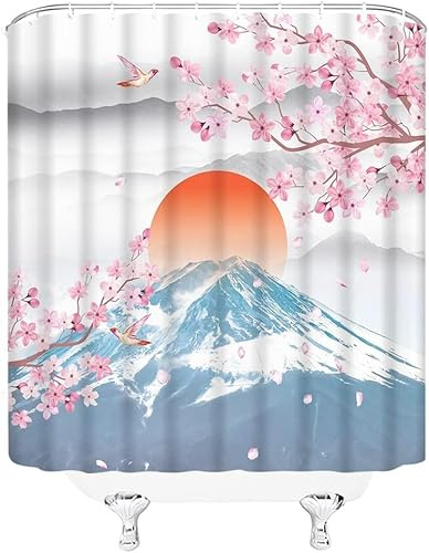 Duschvorhang 180x200 cm Japanische Kirschblüte Duschvorhang Schneeberg Bad Vorhang Anti Schimmel Wasserdicht 3D Shower Curtains Waschbar Polyester Stoff Duschvorhänge für Badewanne Badezimmer B-2830